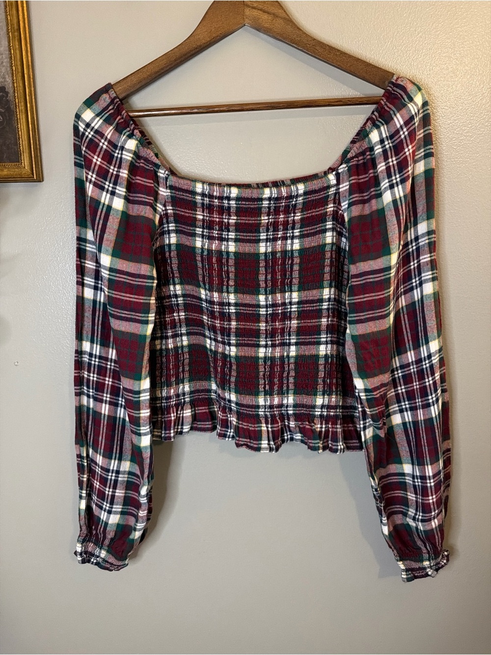 SO Goods for Life Plaid Smocked Off Shoulder Crop Top XL Cottagecore Fall - Picture 2 of 8